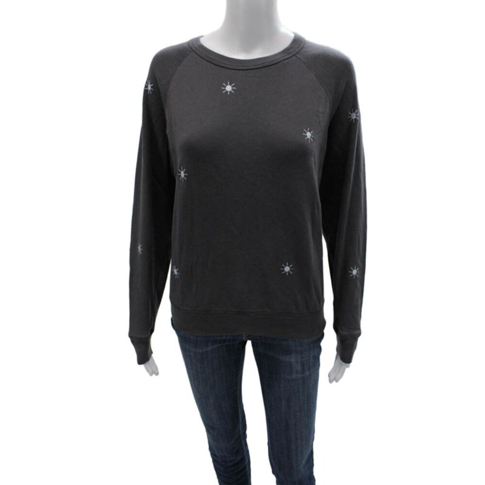Leallo Women Pullover Gray Geometric Cotton Crew Neck Long Sleeve Size M